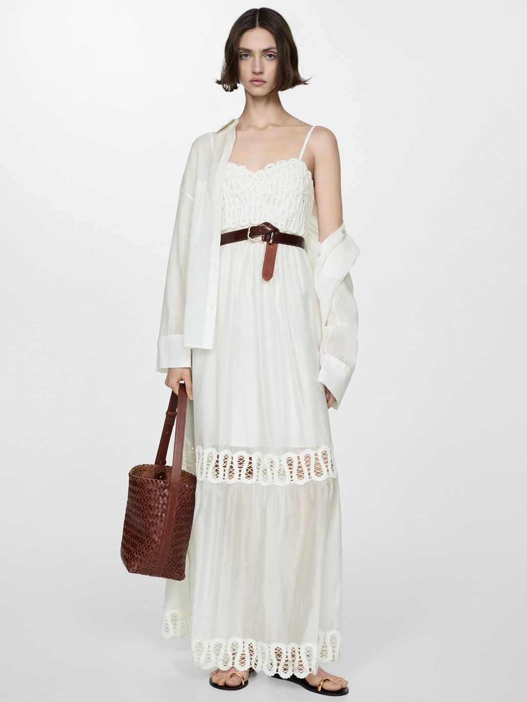 

MANGO Lace Detail Maxi Dress, White