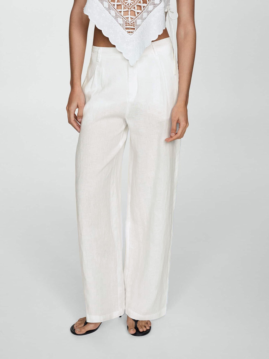 

MANGO Women Straight Fit Pure Linen Trousers, White