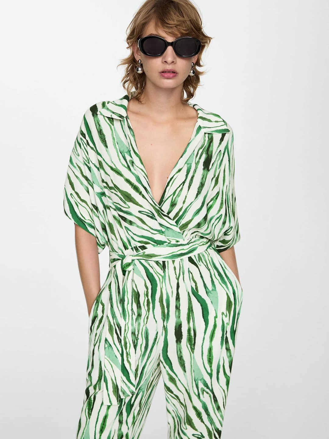 

MANGO Printed Belted Jumpsuit, Green