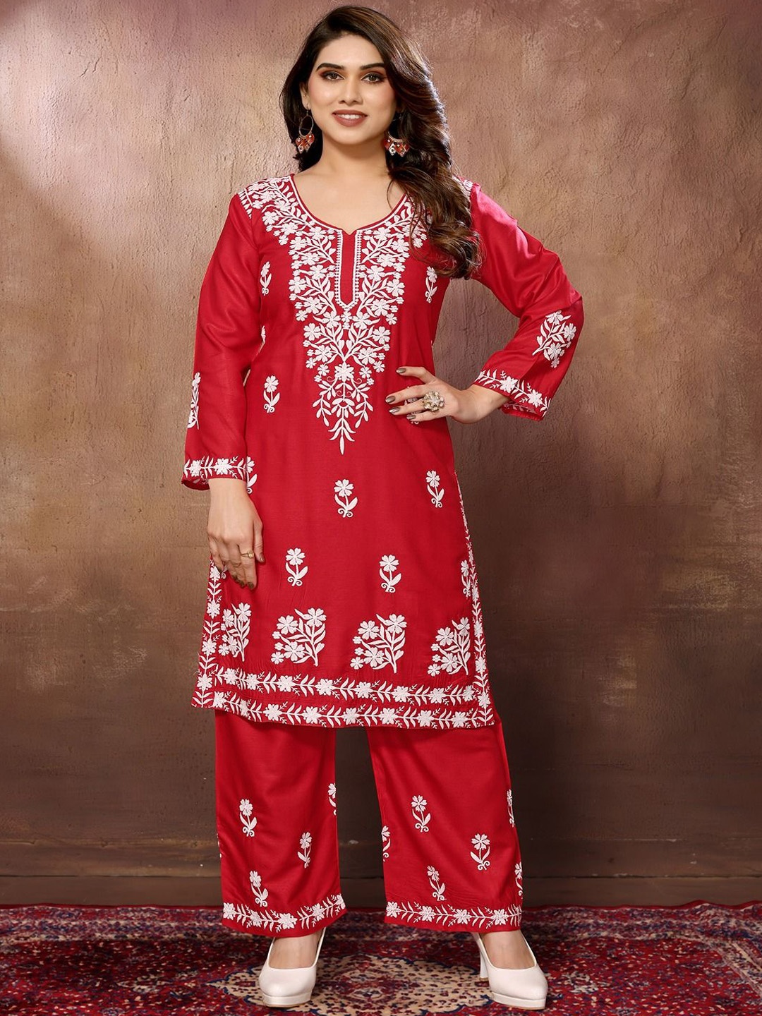 

FABMORA Floral Embroidered Chikankari Straight Kurta With Palazzos, Red