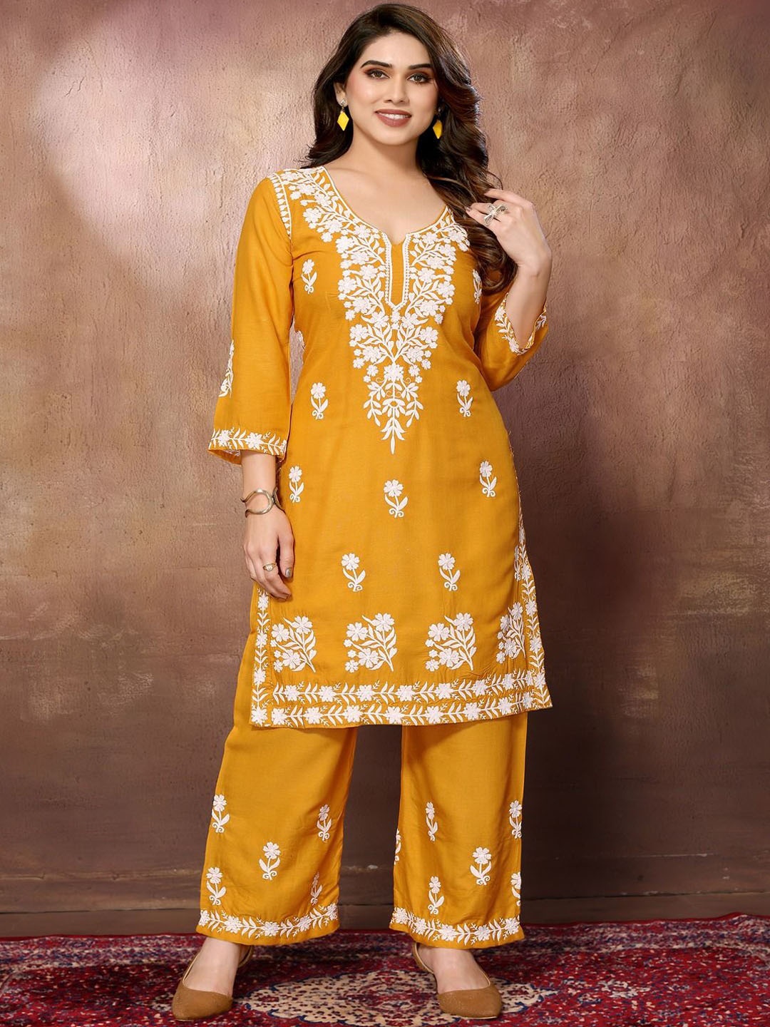 

FABMORA Floral Embroidered Chikankari Straight Kurta With Palazzos, Mustard