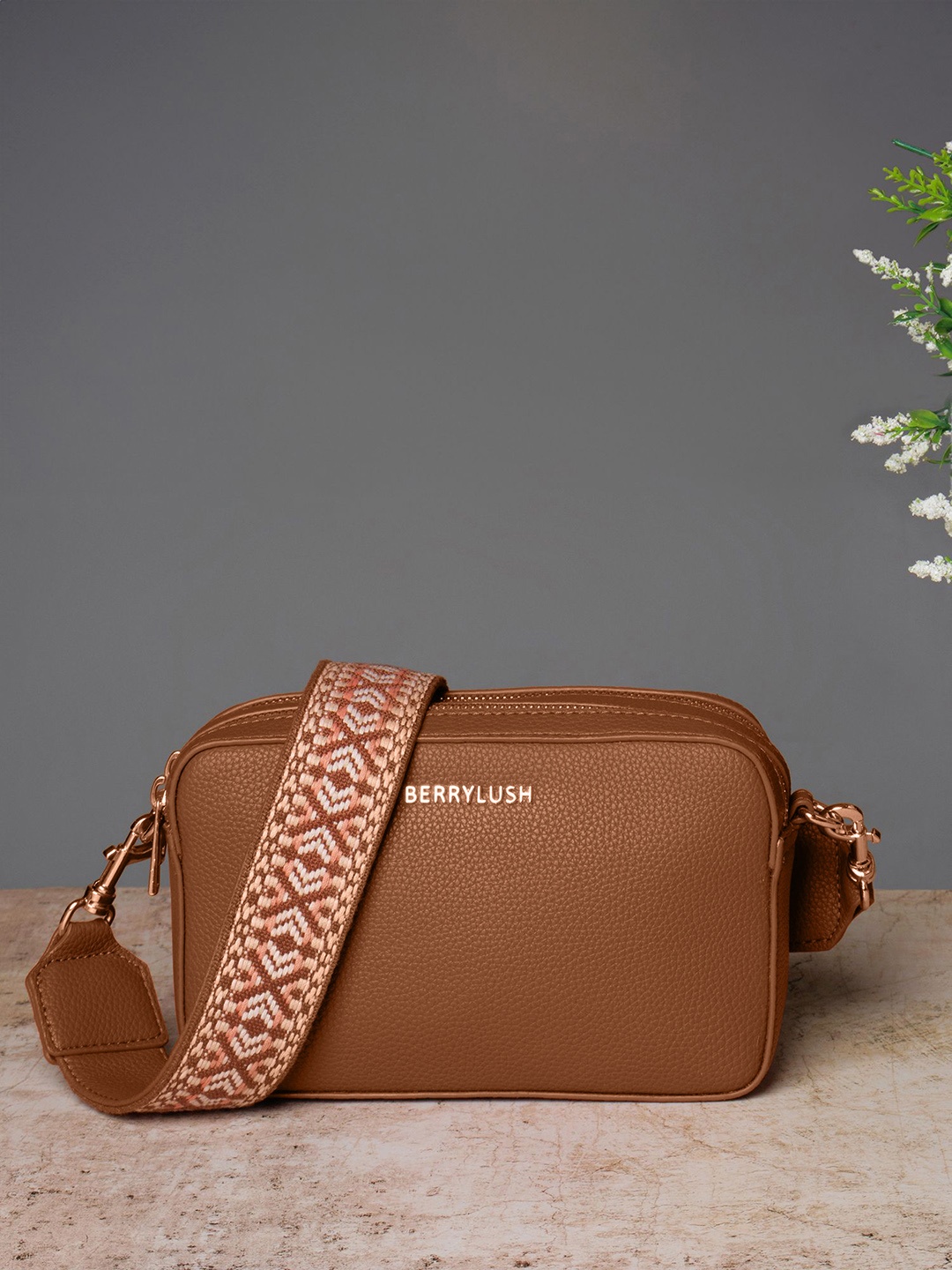 

Berrylush Structured Sling Bag with Cut Work, Tan