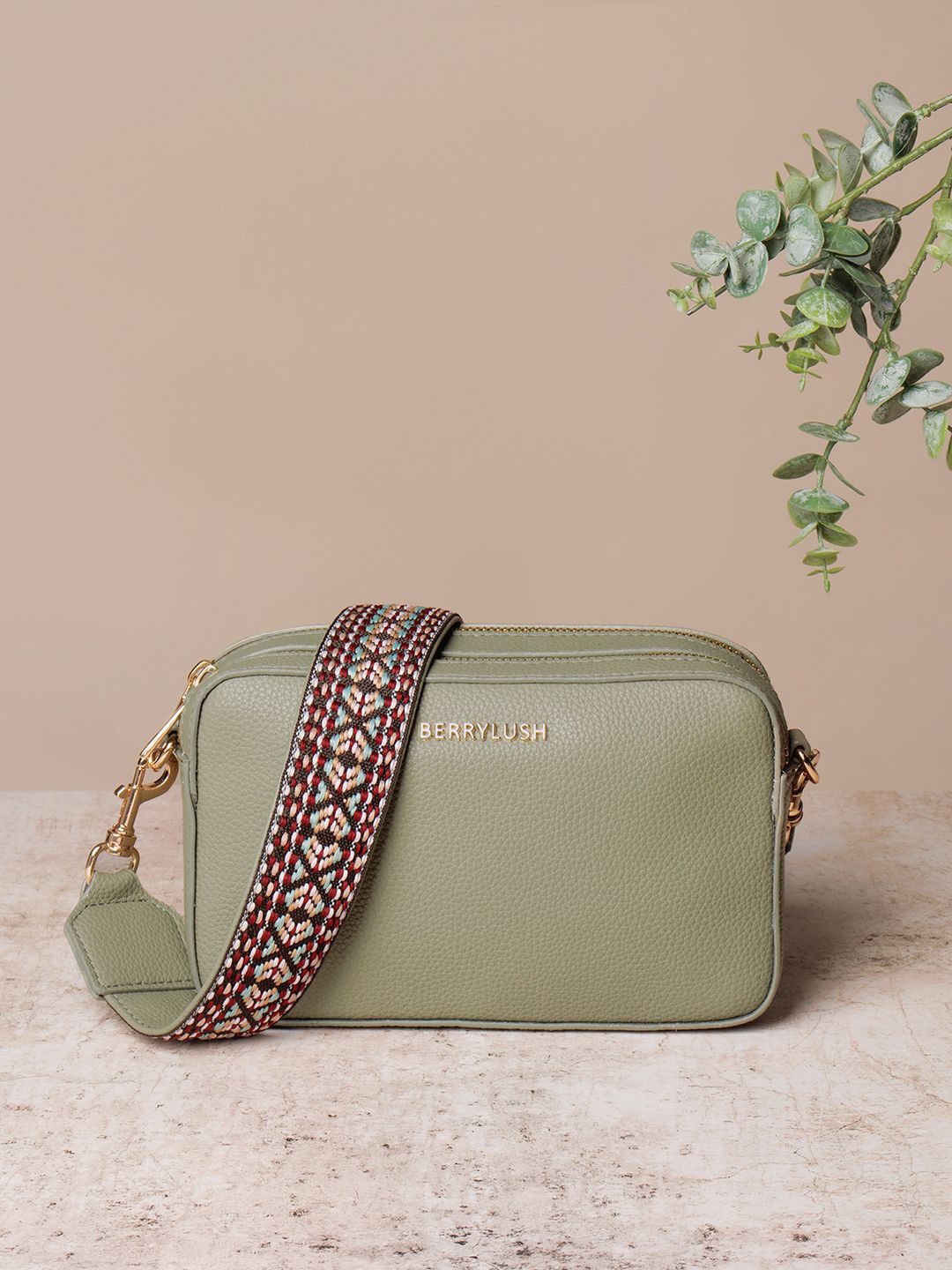 

Berrylush Women Textured Structured Sling Bag, Green