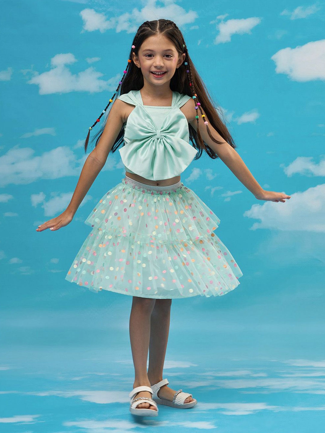 

LIL DRAMA Girls Embellished Sleeveless Top With Skirt, Green