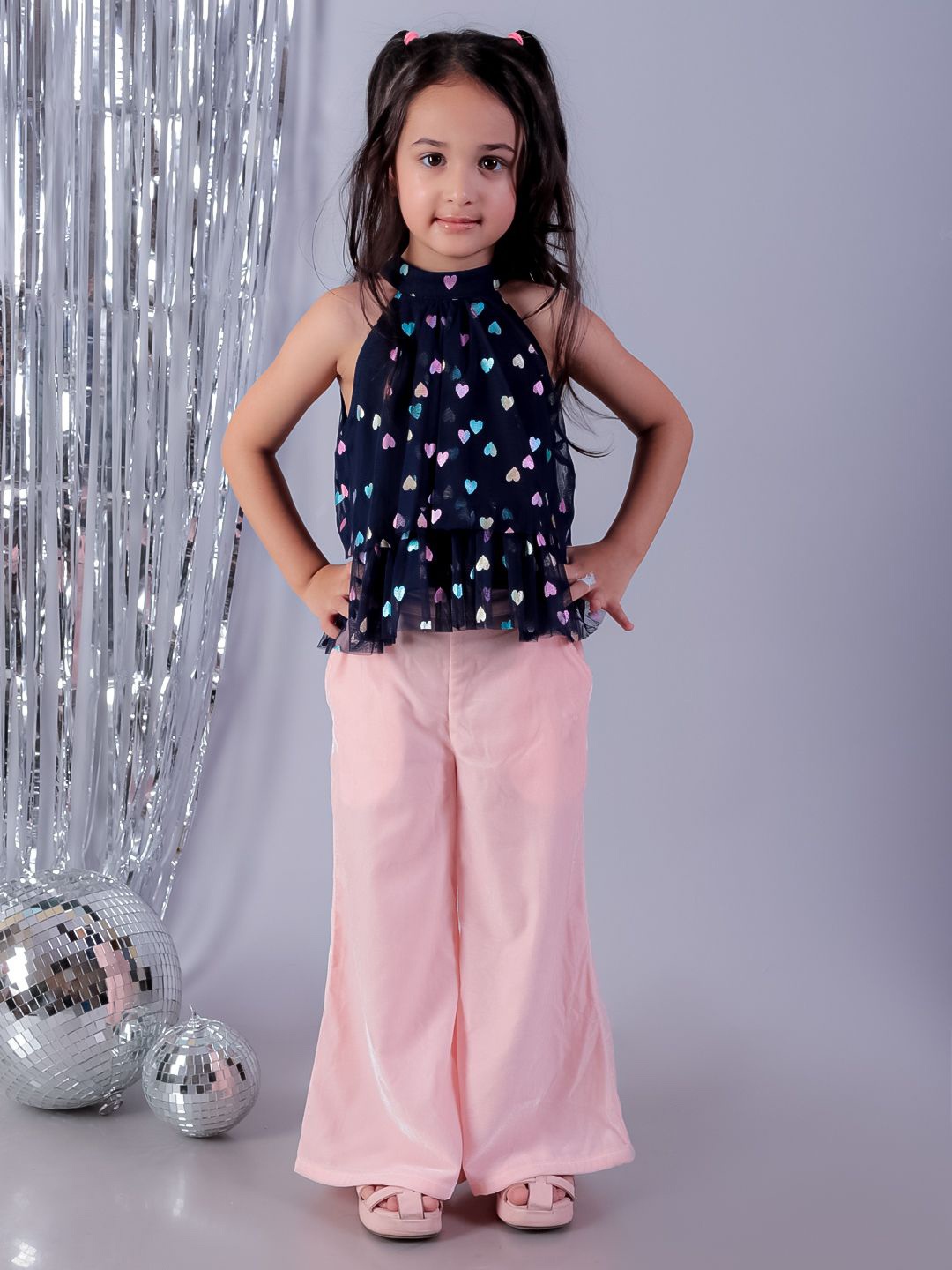 

LIL DRAMA Girls Conversational Printed Sleeveless Top With Palazzos, Blue