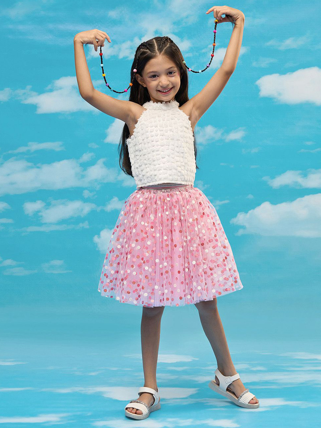 

LIL DRAMA Girls Embellished Top with Skirt, White