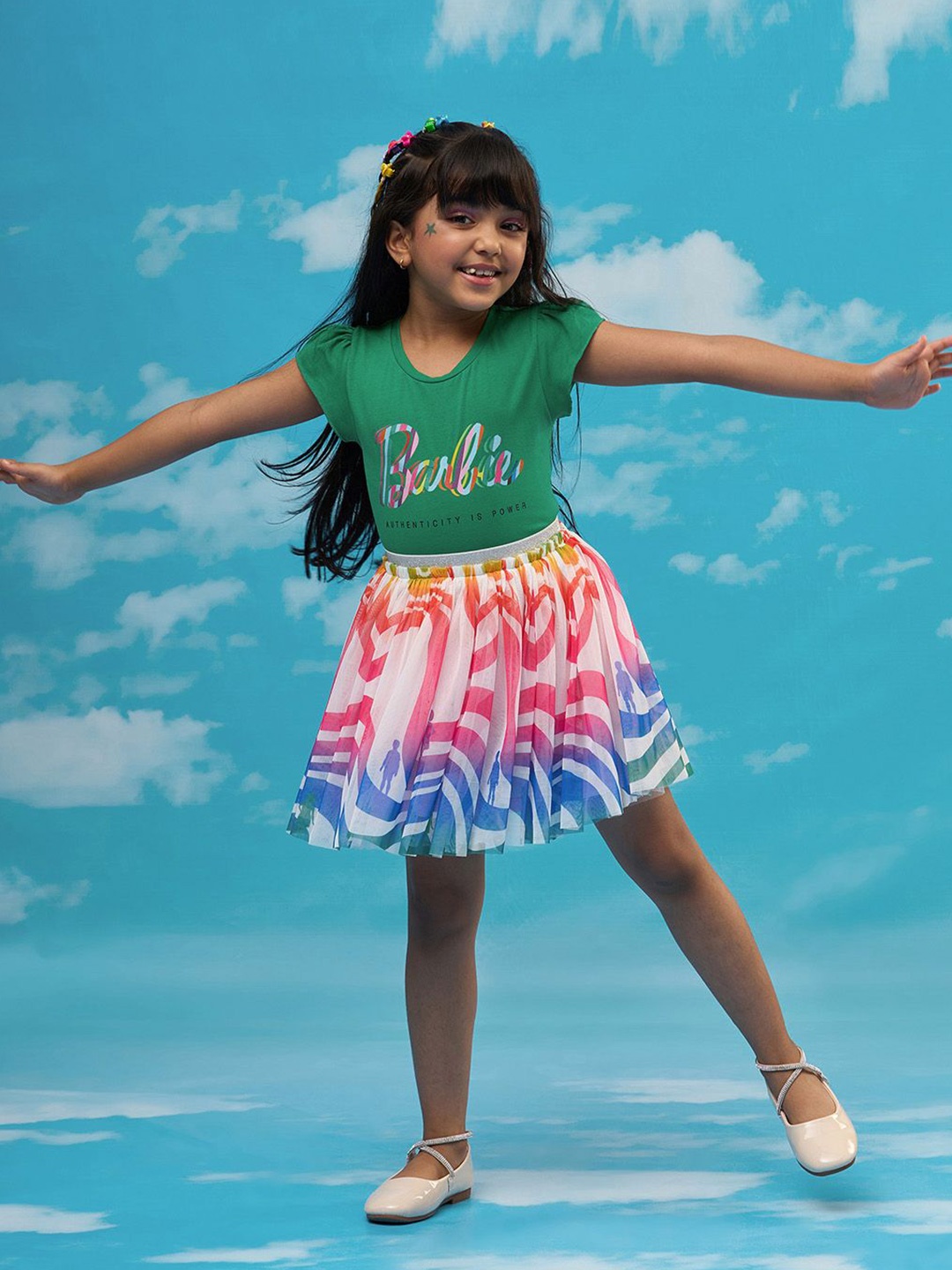 

LIL DRAMA Girls Printed Pure Cotton T-shirt with Skirt, Green