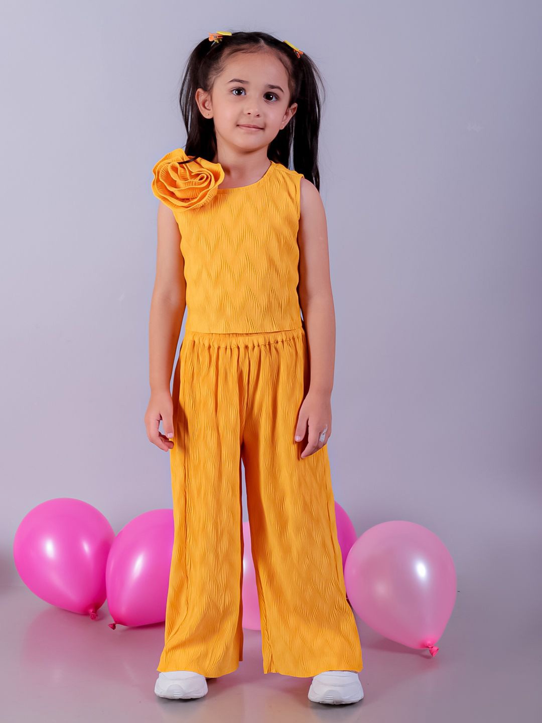 

LIL DRAMA Girls Self Design Sleeveless Top With Palazzos, Yellow