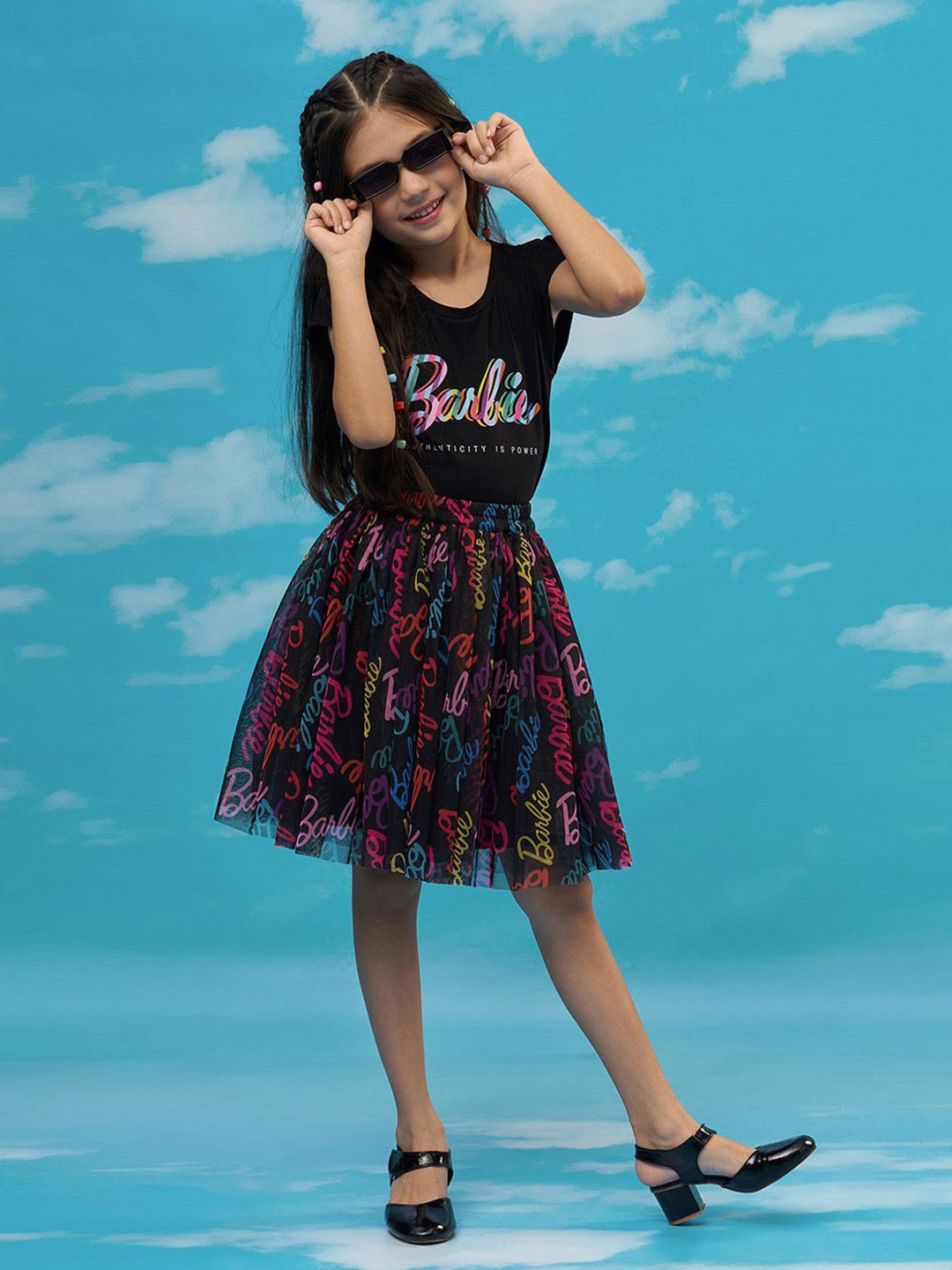 

LIL DRAMA Girls Typography Printed T-shirt With Skirt, Black