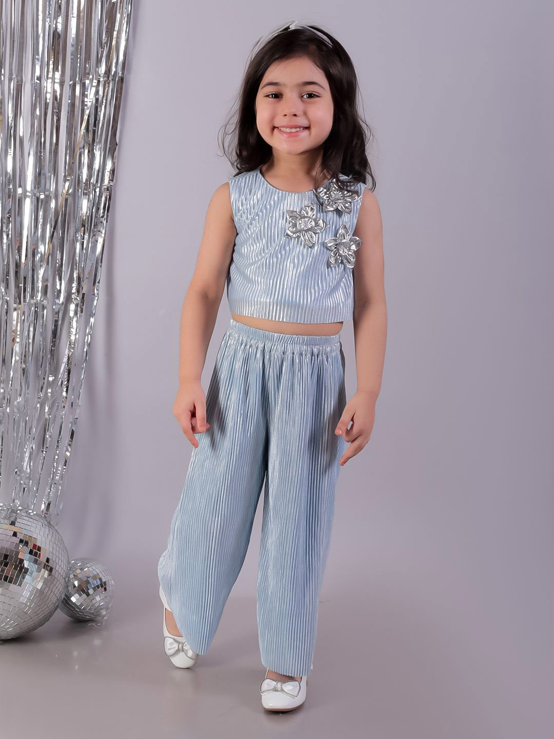 

LIL DRAMA Girls Self Design Sleeveless Top With Palazzos, Blue