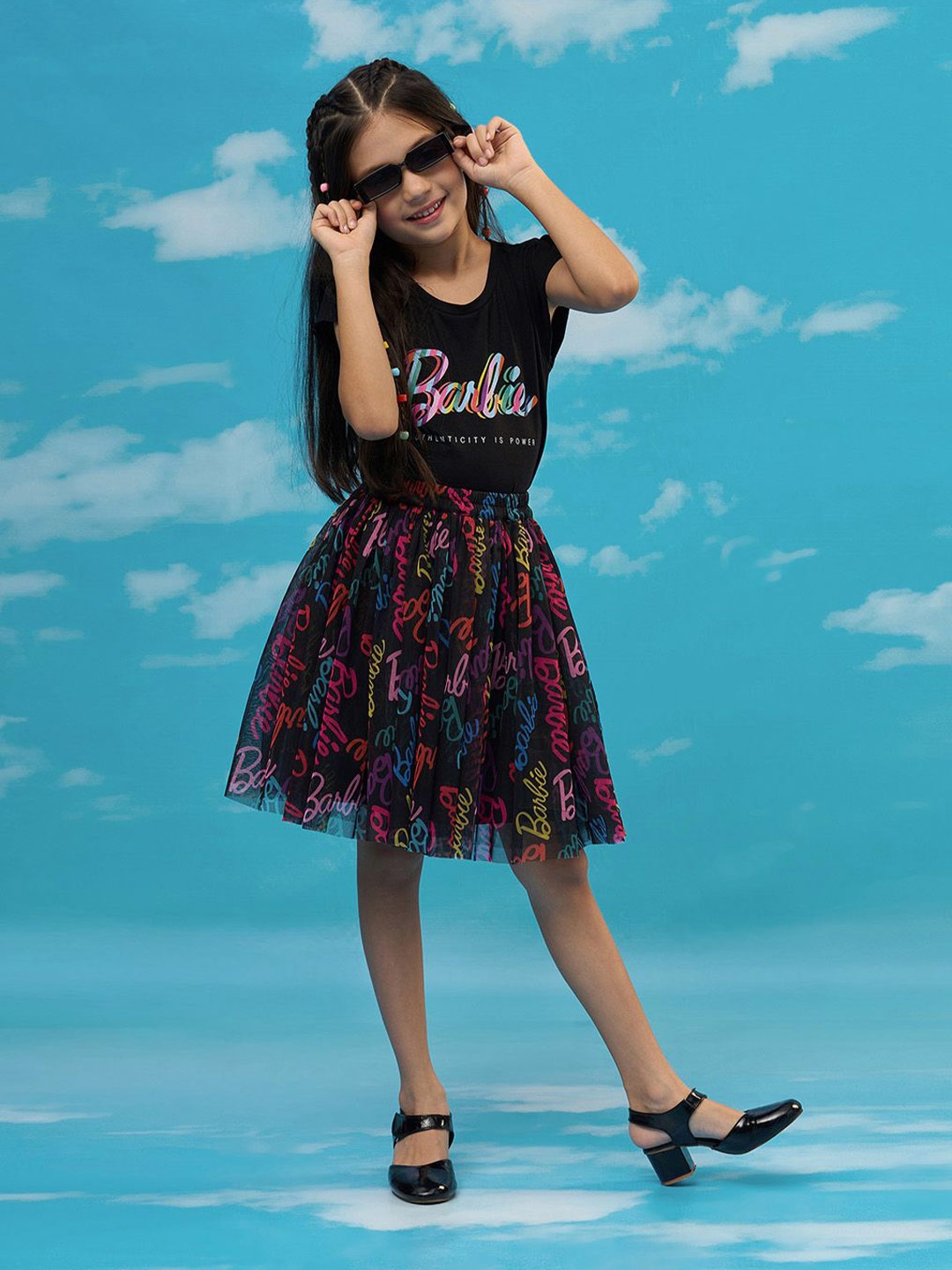 

LIL DRAMA Girls Typography Printed T-shirt With Skirt, Black