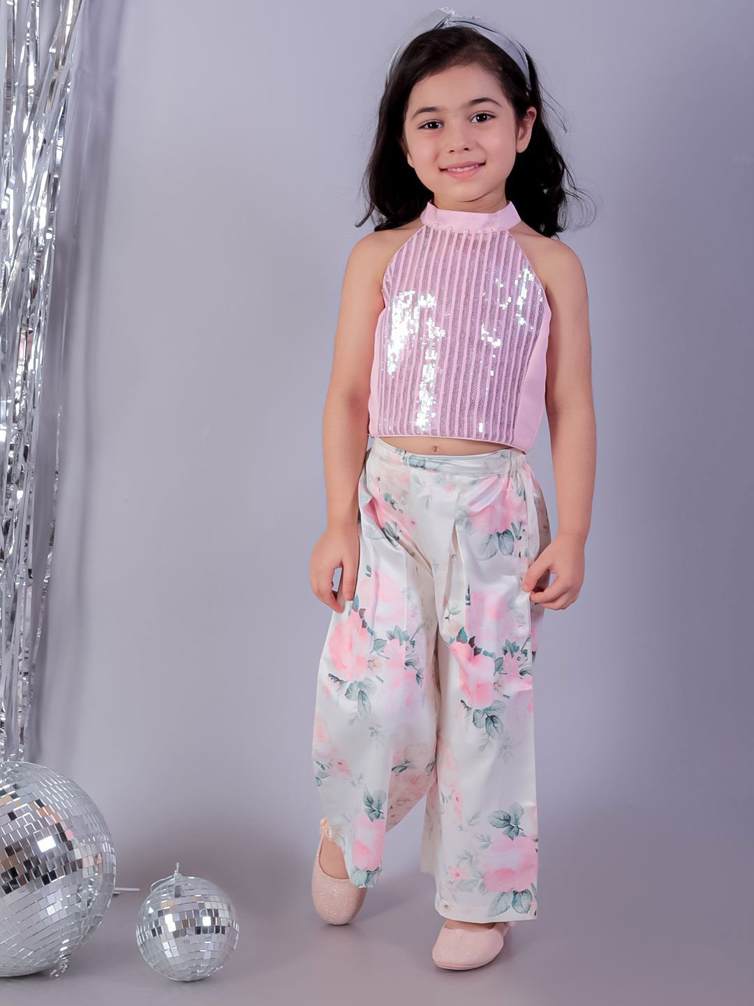 

LIL DRAMA Girls Sequin Embellished Sleeveless Top With Palazzos, Pink