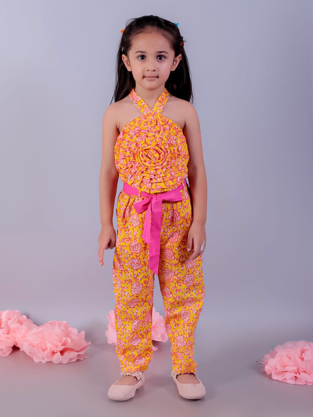 

LIL DRAMA Girls Floral Printed Pure Cotton Top With Palazzos, Yellow