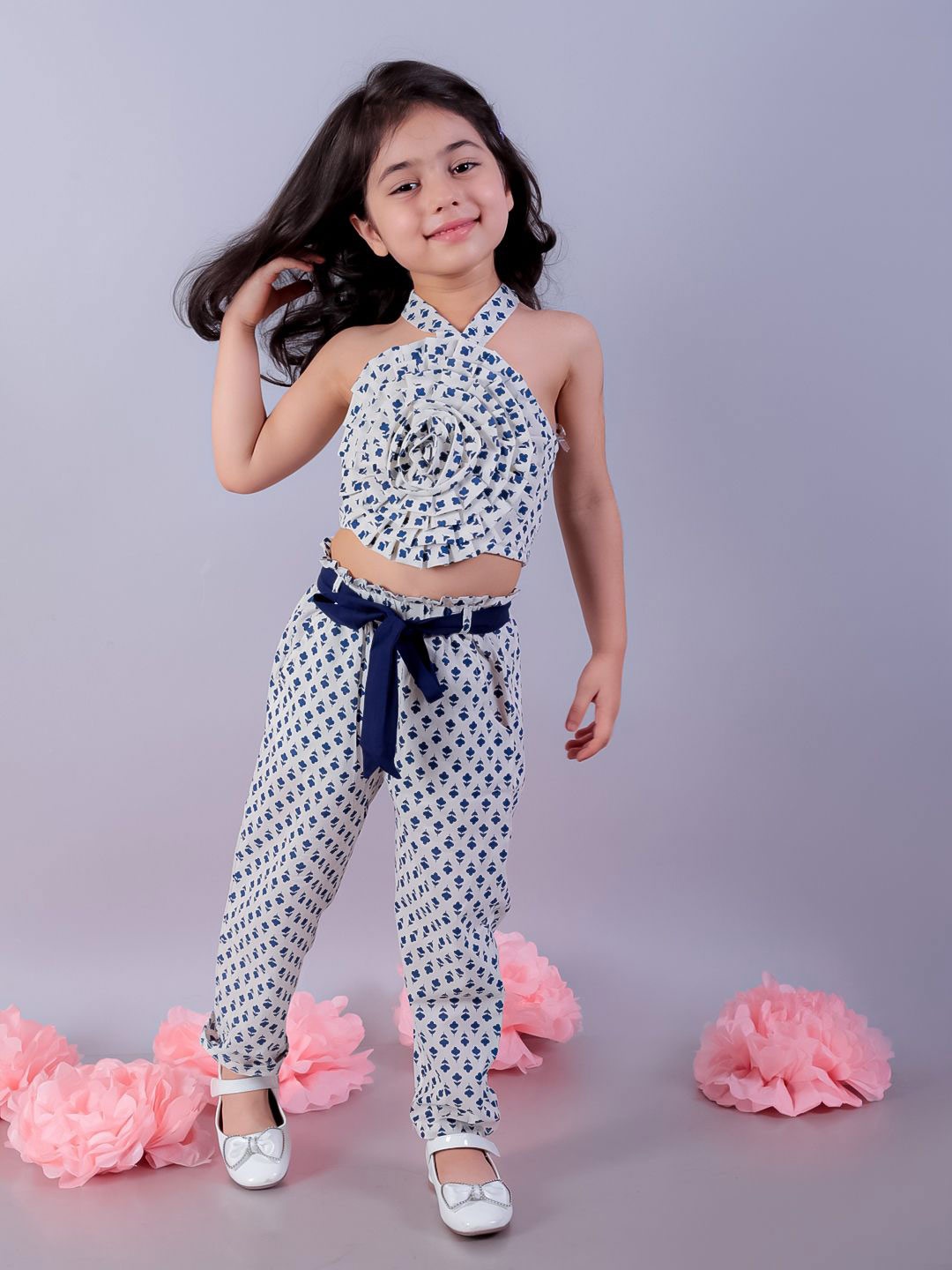 

LIL DRAMA Girls Floral Printed Smocked Halter Neck Pure Cotton Top With Palazzos, White