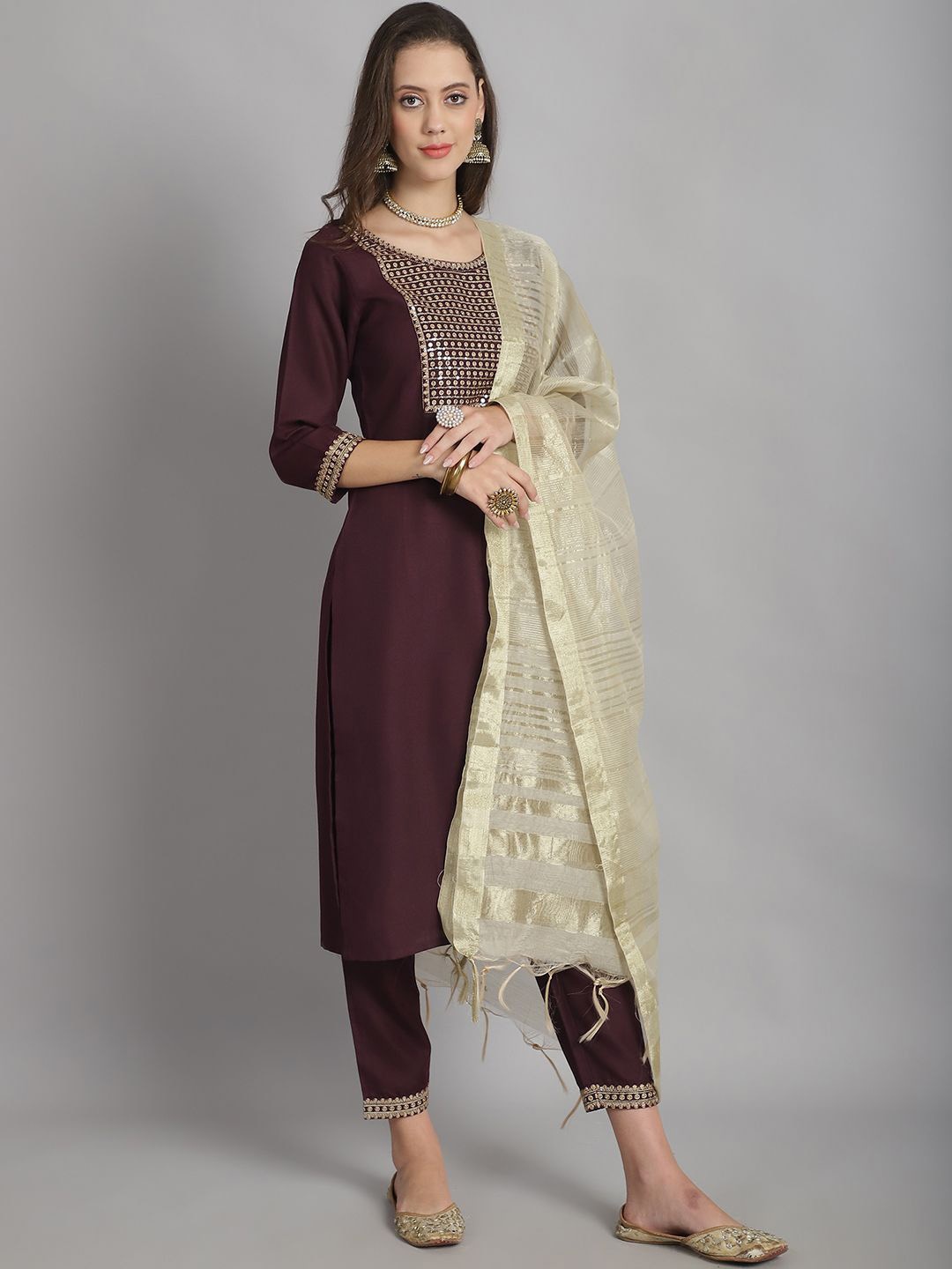 

KALINI Floral Embroidered Straight Kurta With Trousers & Dupatta, Brown