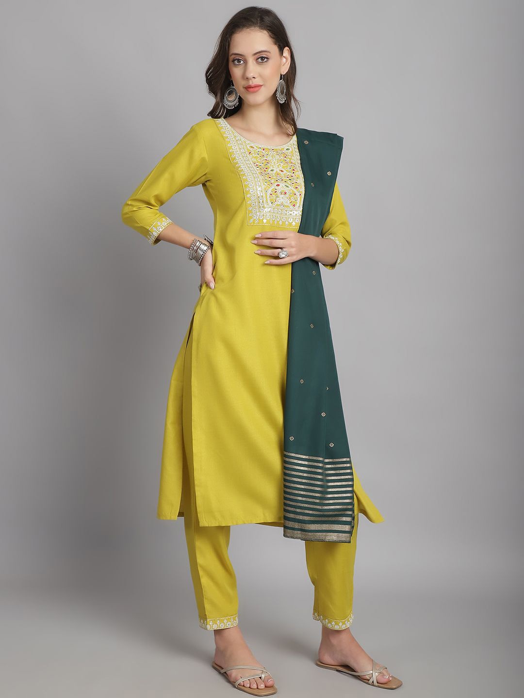 

KALINI Floral Embroidered Straight Kurta With Trousers & Dupatta, Yellow