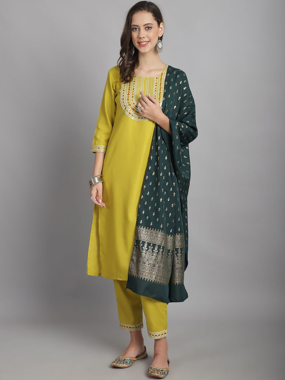 

KALINI Ethnic Motifs Embroidered Thread Work Straight Kurta With Trousers & Dupatta, Yellow