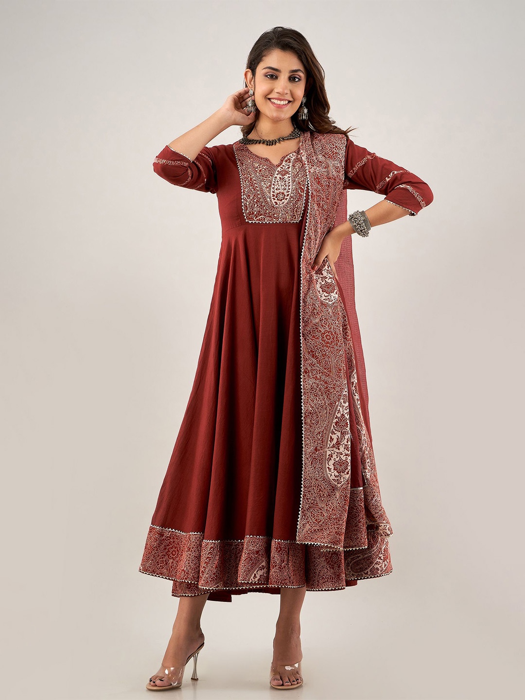 

ArtiZenWeaves Ethnic Motifs Print Empire Dress with Dupatta, Maroon