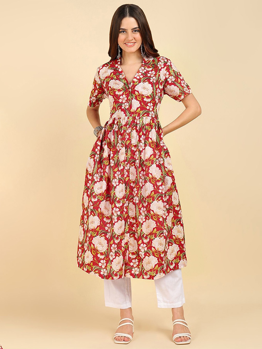 

House Of Zelena Floral Printed Shawl Neck Floral Maternity Kurta, Red