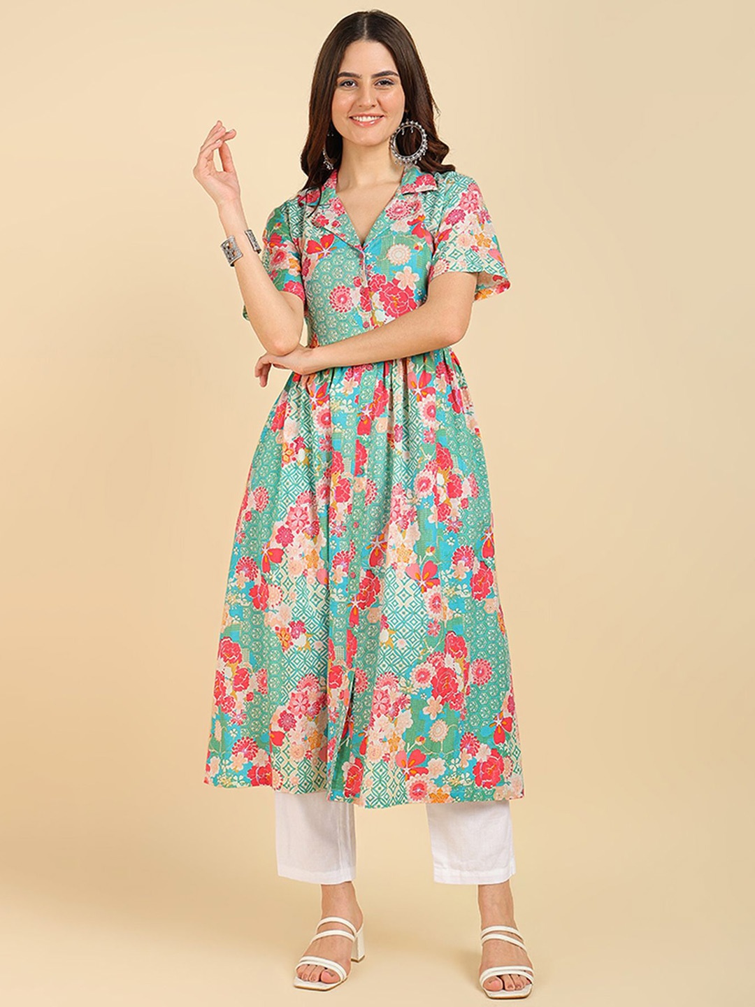 

House Of Zelena Floral Printed Pure Cotton Zipless Maternity Kurta, Turquoise blue