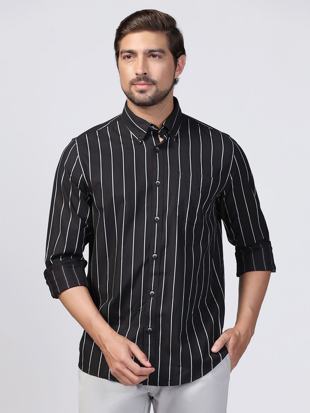 

Blackberrys Men Slim Fit Striped Casual Spread Collar Shirt, Black