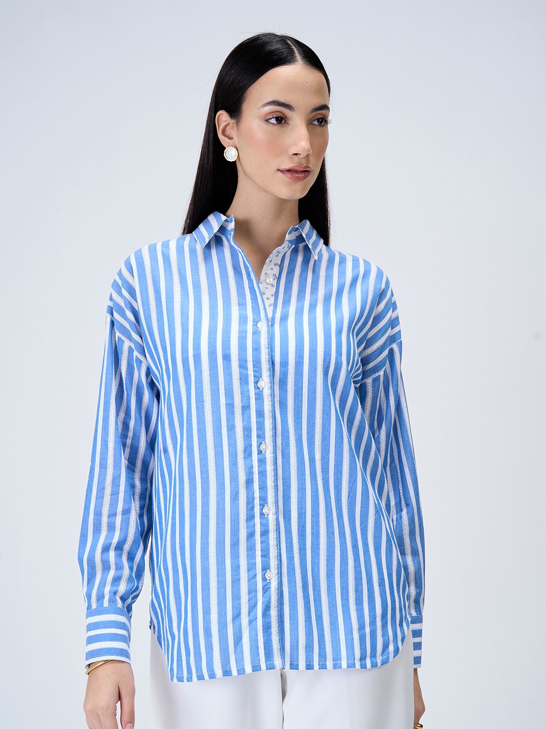 

SALT ATTIRE Women Classic Opaque Striped Formal Shirt, Blue