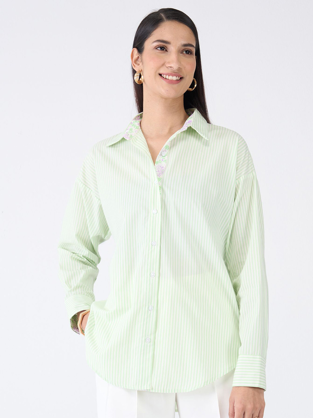 

SALT ATTIRE Women Classic Striped Cotton Formal Shirt, Green