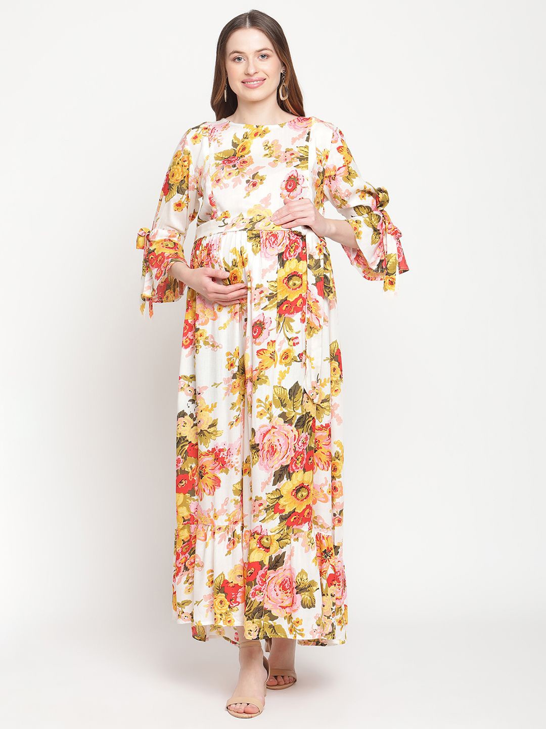 

Moms Maternity Floral Print Bell Sleeve Maternity Maxi Dress, White