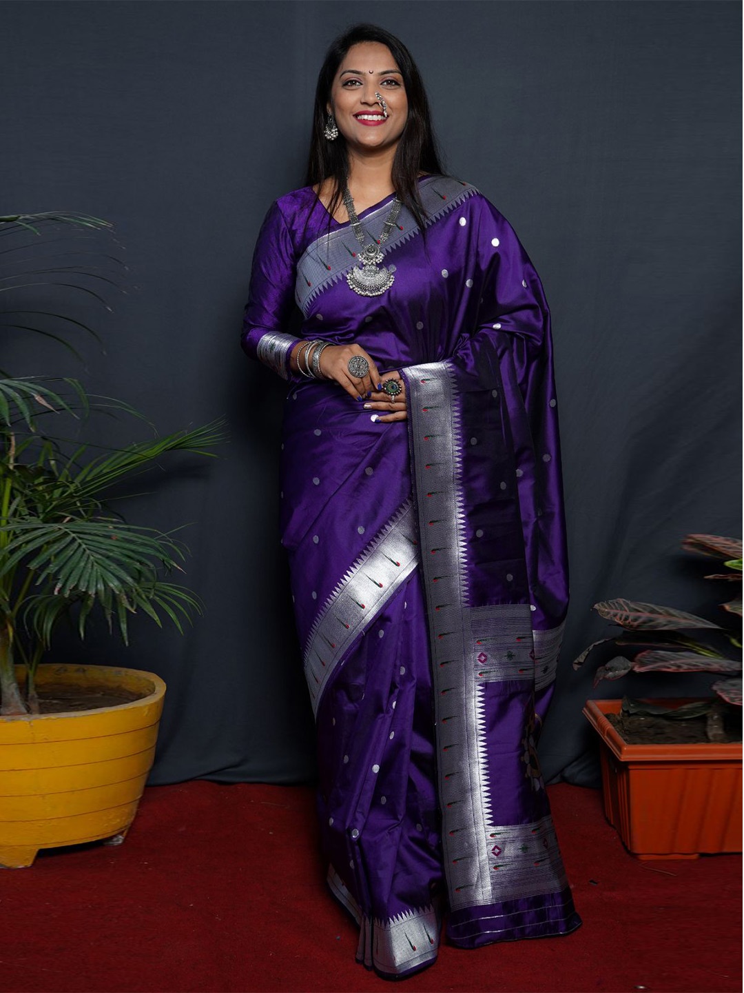 

Royal Rajgharana Saree Polka Dot Zari Woven Pure Silk Paithani Sarees, Purple