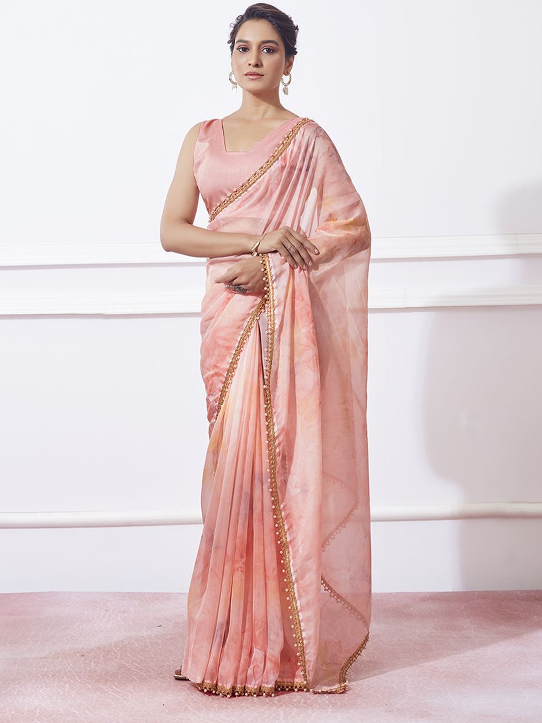 

Ishin Embroidered Embellished Floral Saree, Peach