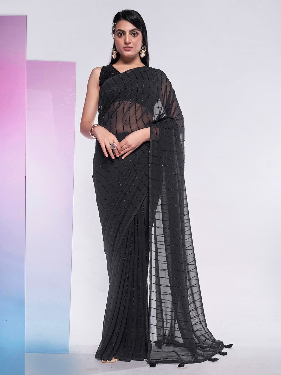 

Ishin Striped Sequinned Tassel Saree, Black