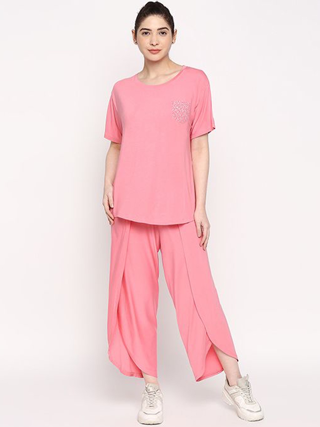 

Tuna London Women Round Neck Top & Trouser Co-Ord Set, Pink