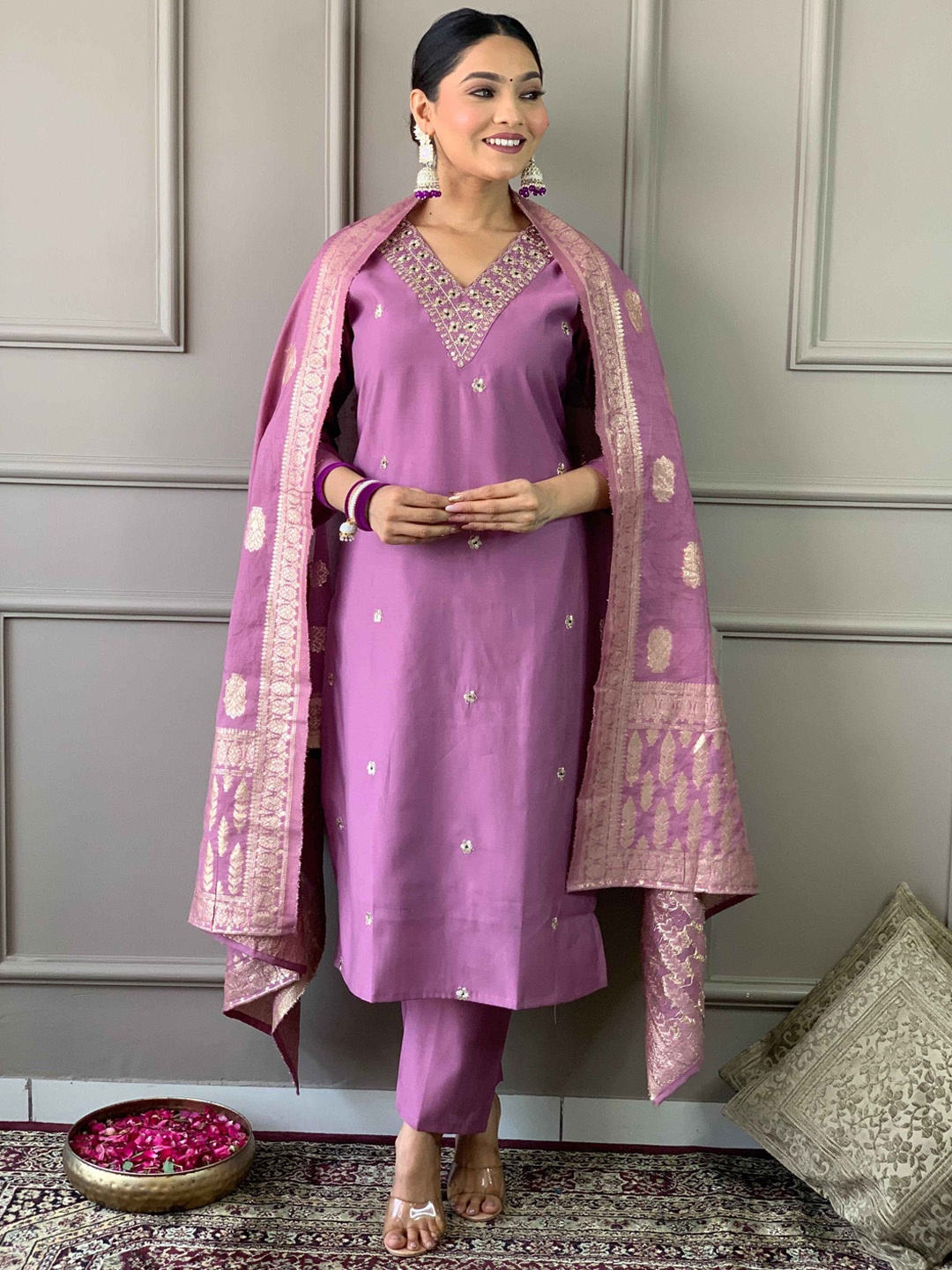 

KALINI Floral Embroidered Straight Kurta With Trousers & Dupatta, Mauve
