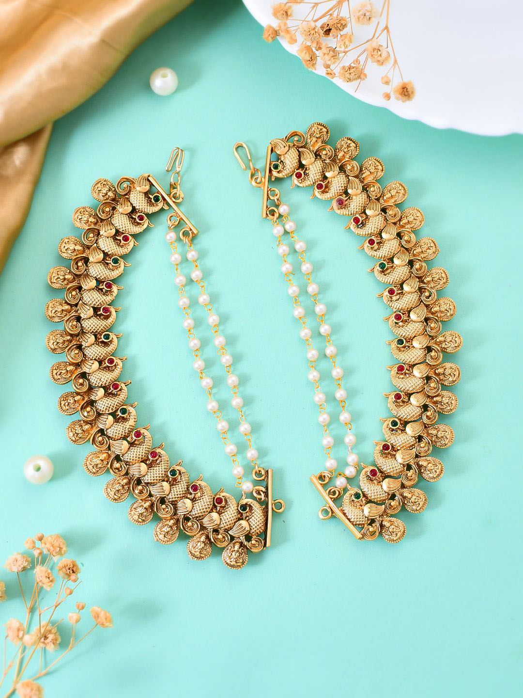 

Silvermerc Designs Gold-Plated Antique Matil Temple Pearl & CZ Studded Ear Chains