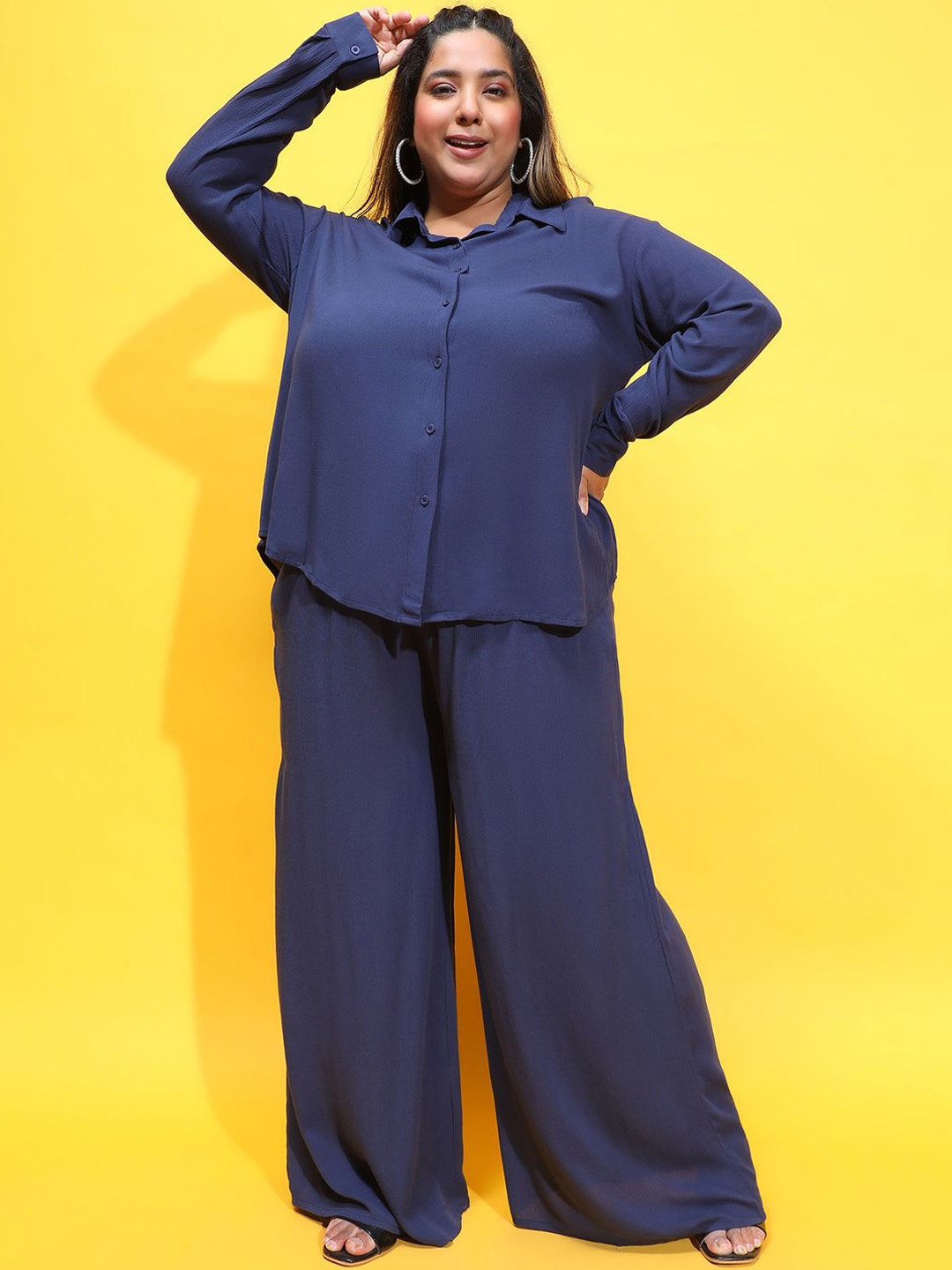 

Oxolloxo Plus Size Long Sleeves Shirt With Trouser, Navy blue