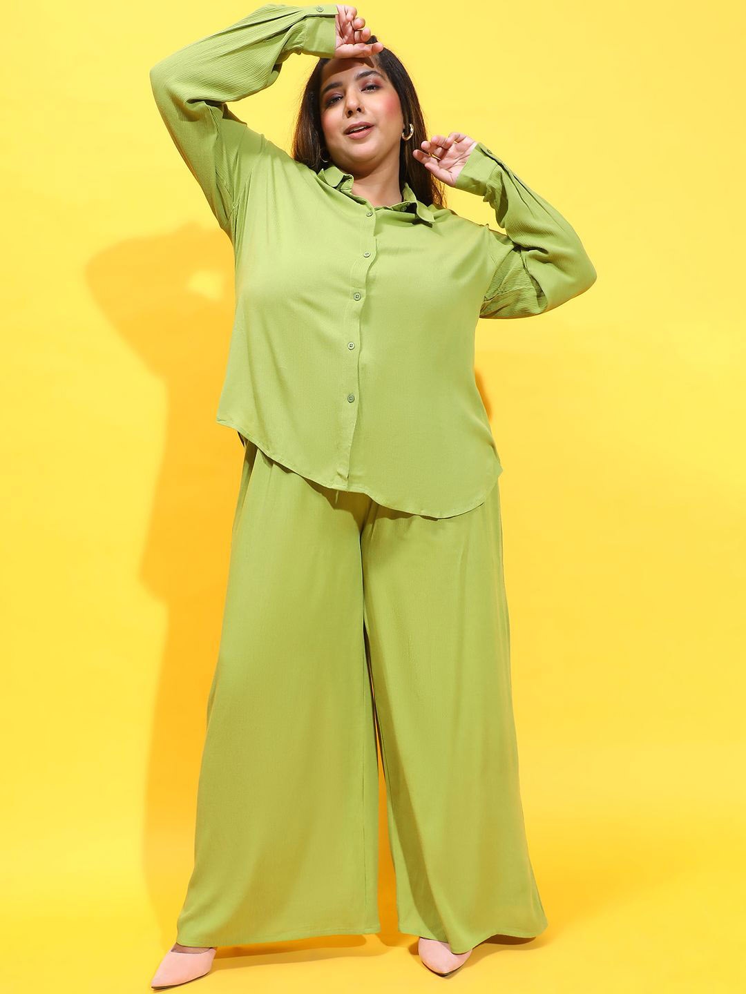 Oxolloxo Plus Size Long Sleeves Shirt With Trouser, Green
