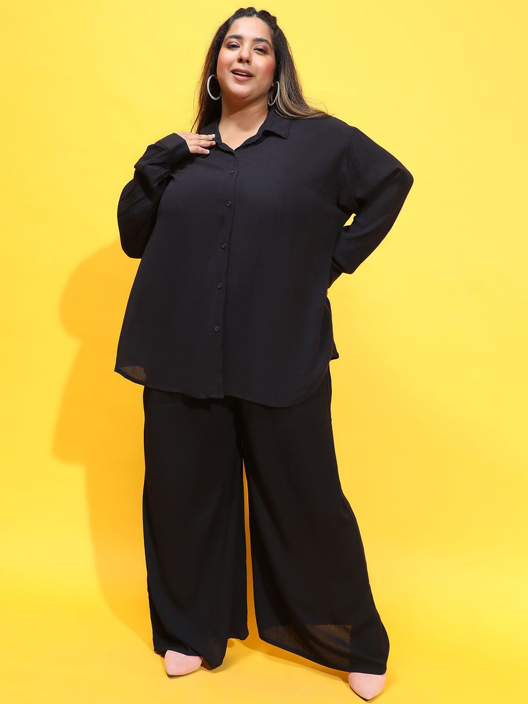 Oxolloxo Plus Size Long Sleeves Shirt With Trouser, Black