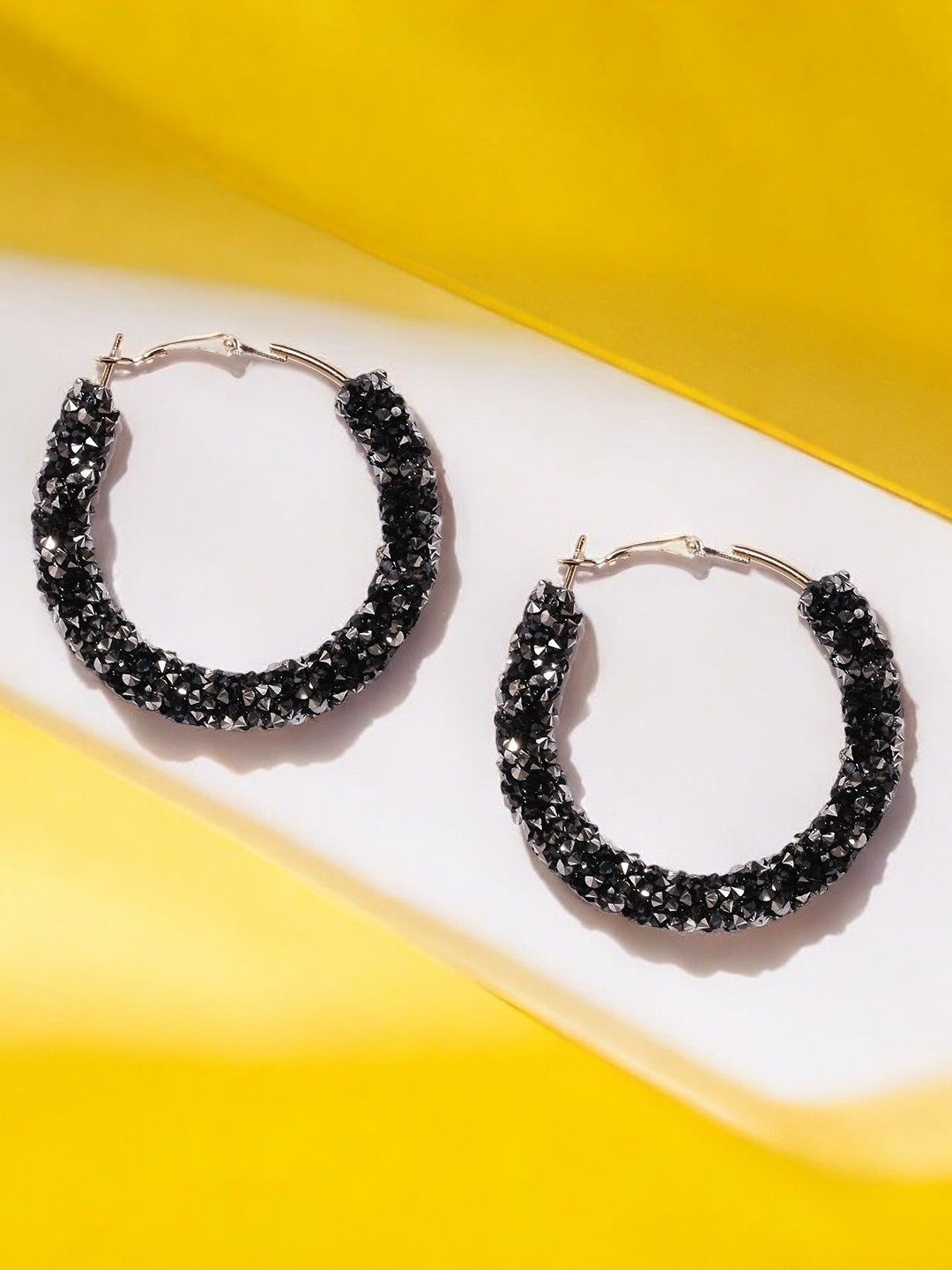 

fabula Contemporary Artificial Stones & Beads Hoop Earrings, Black