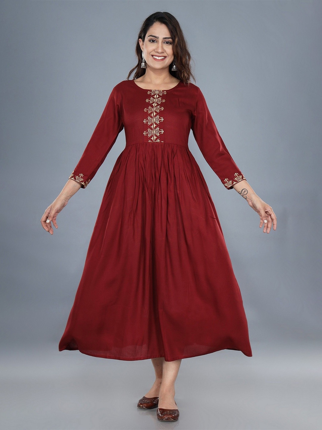 

Shiv ali apparels Embroidered Fit & Flare Midi Ethnic Dress, Maroon