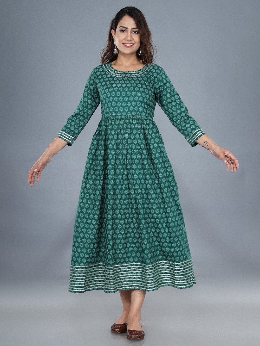 

Shiv ali apparels Ethnic Motifs Print Fit & Flare Midi Dress, Green