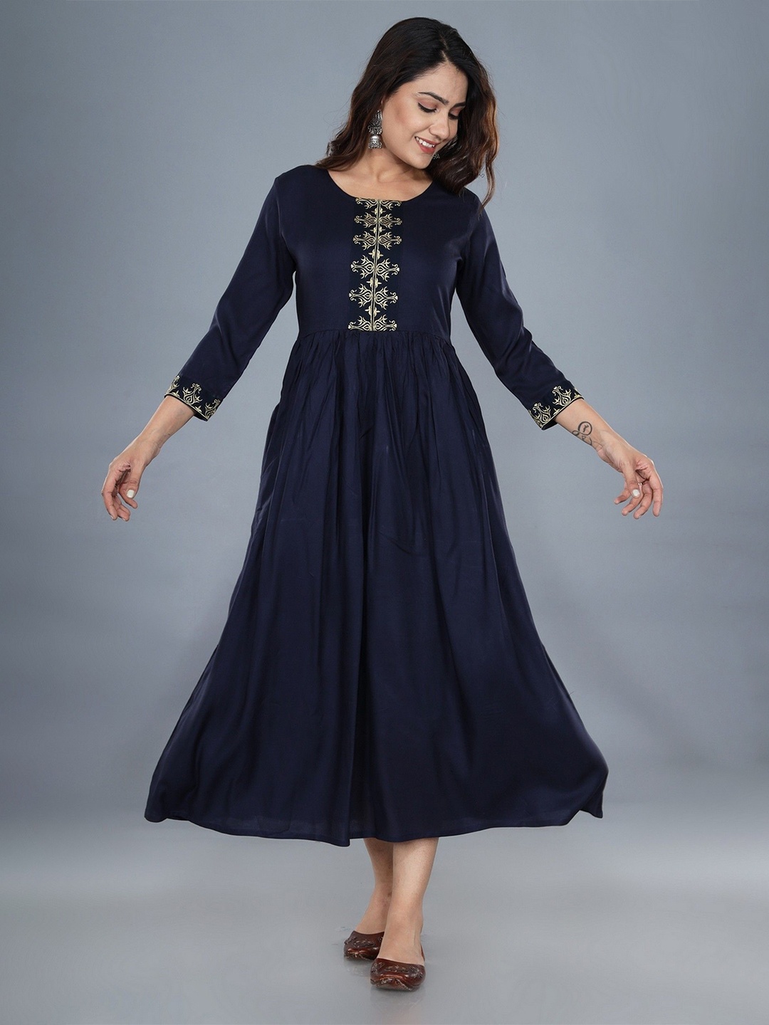 

Shiv ali apparels Embroidered Fit and Flare Midi Ethnic Dress, Navy blue