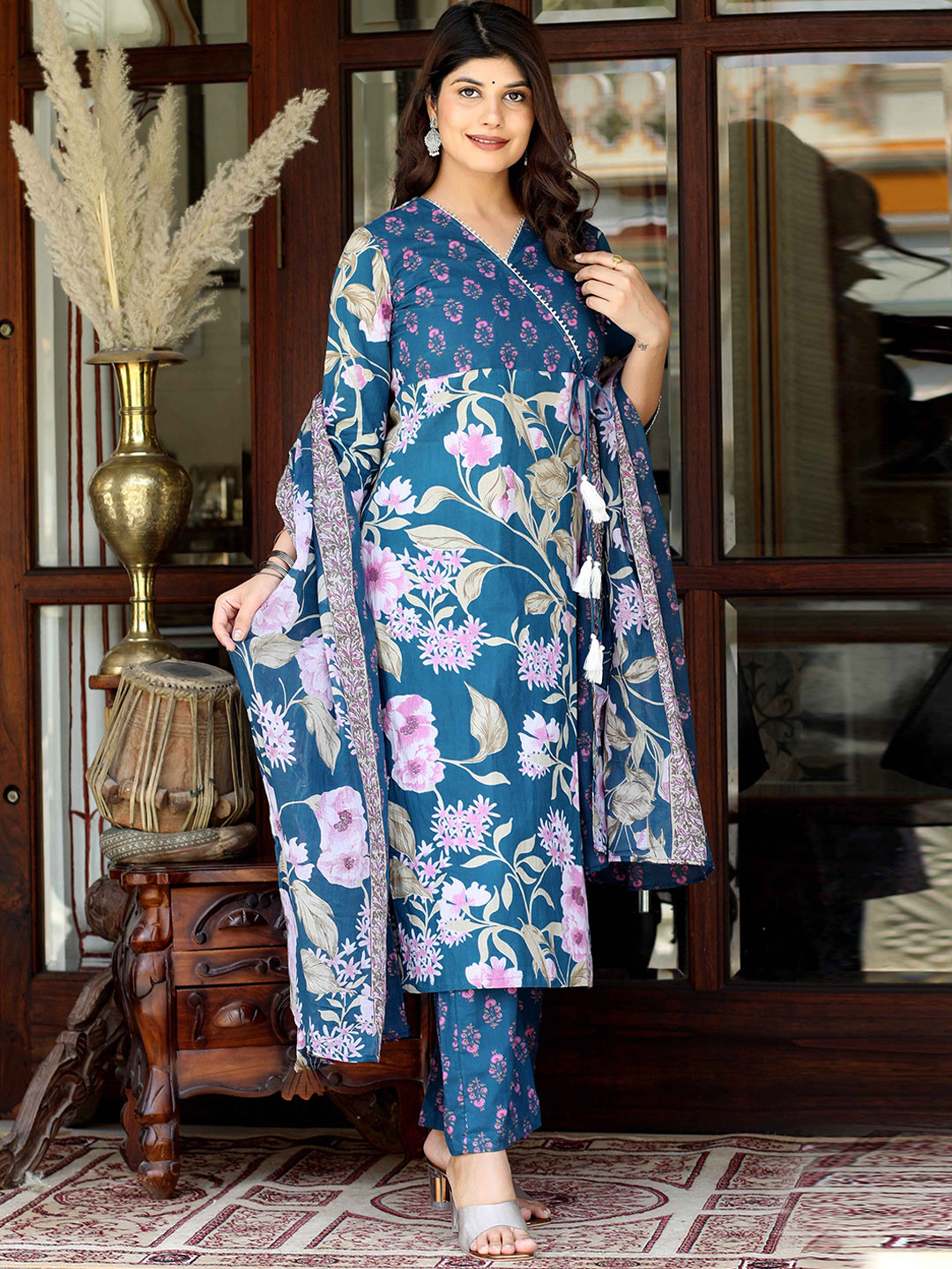 

MIRAVAN Floral Printed Regular Pure Cotton Angrakha Straight Kurta With Palazzos & Dupatta, Blue