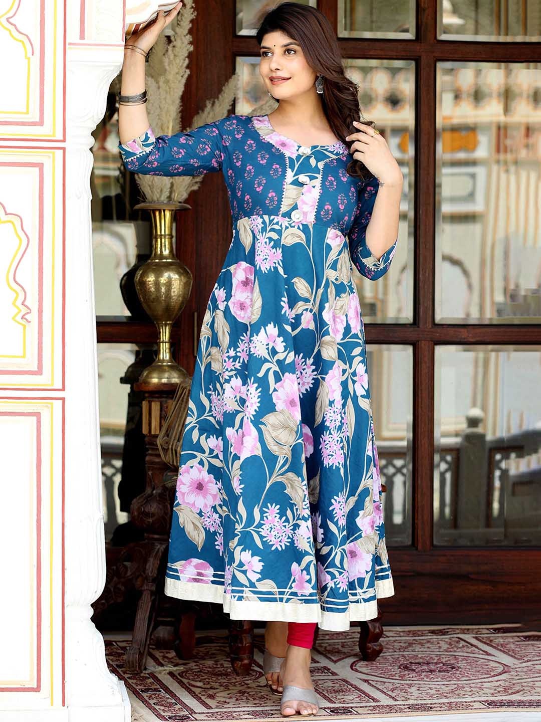 

MIRAVAN Floral Printed Gotta Patti Cotton Anarkali Kurta, Blue