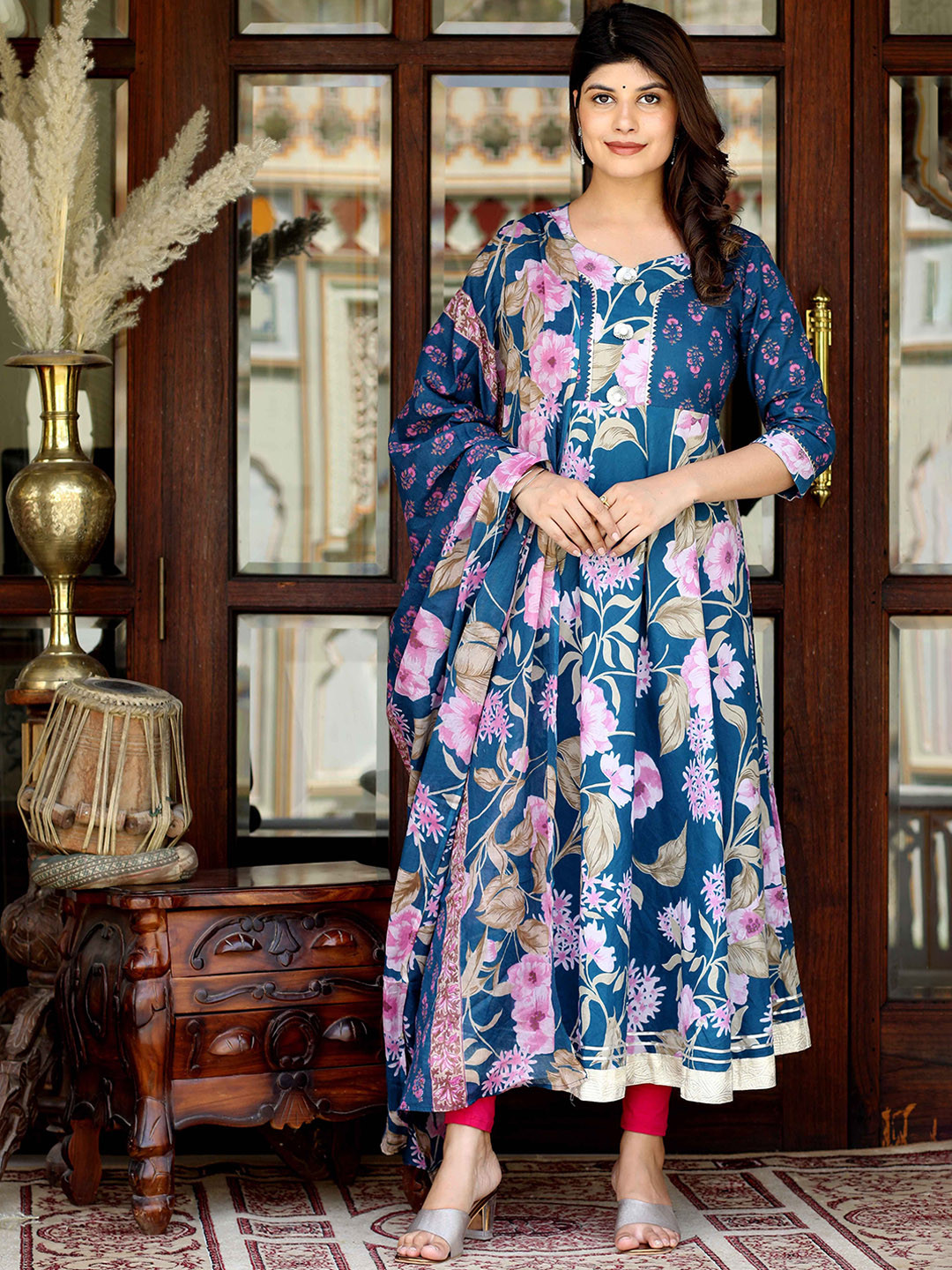 

MIRAVAN Floral Printed Anarkali Cotton Kurta With Duppatta, Blue