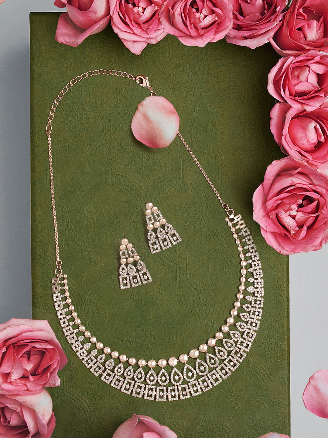 AMI Rose Gold-Plated Cubic Zirconia Studded Jewellery Set