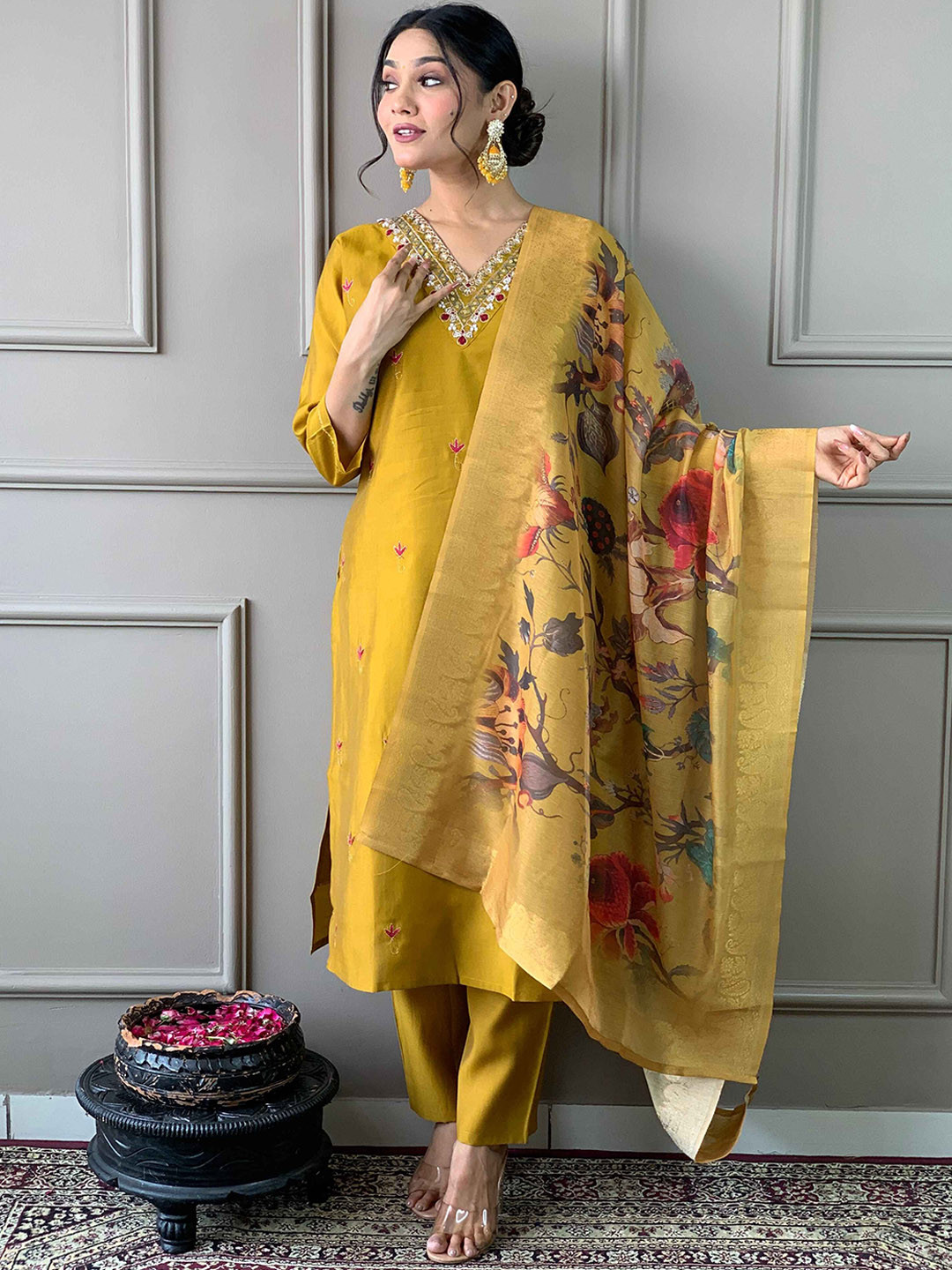 

KALINI Ethnic Motifs Embroidered Thread Work Straight Kurta With Trousers & Dupatta, Yellow