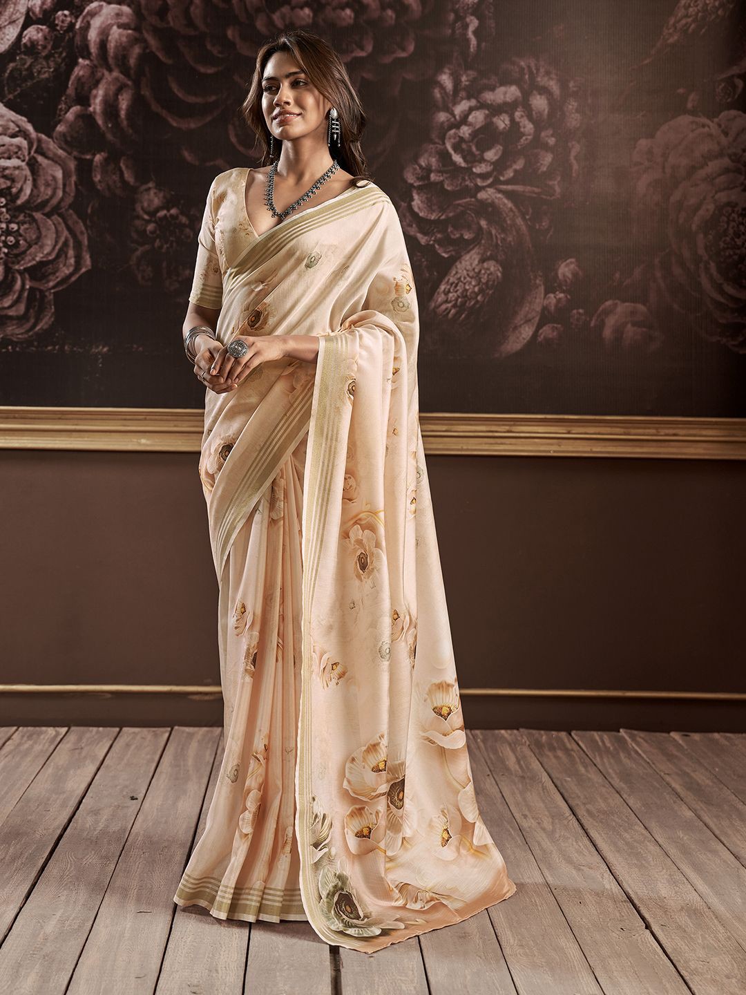 

Mitera Floral Printed Saree With Unstitched Blouse Piece, Beige