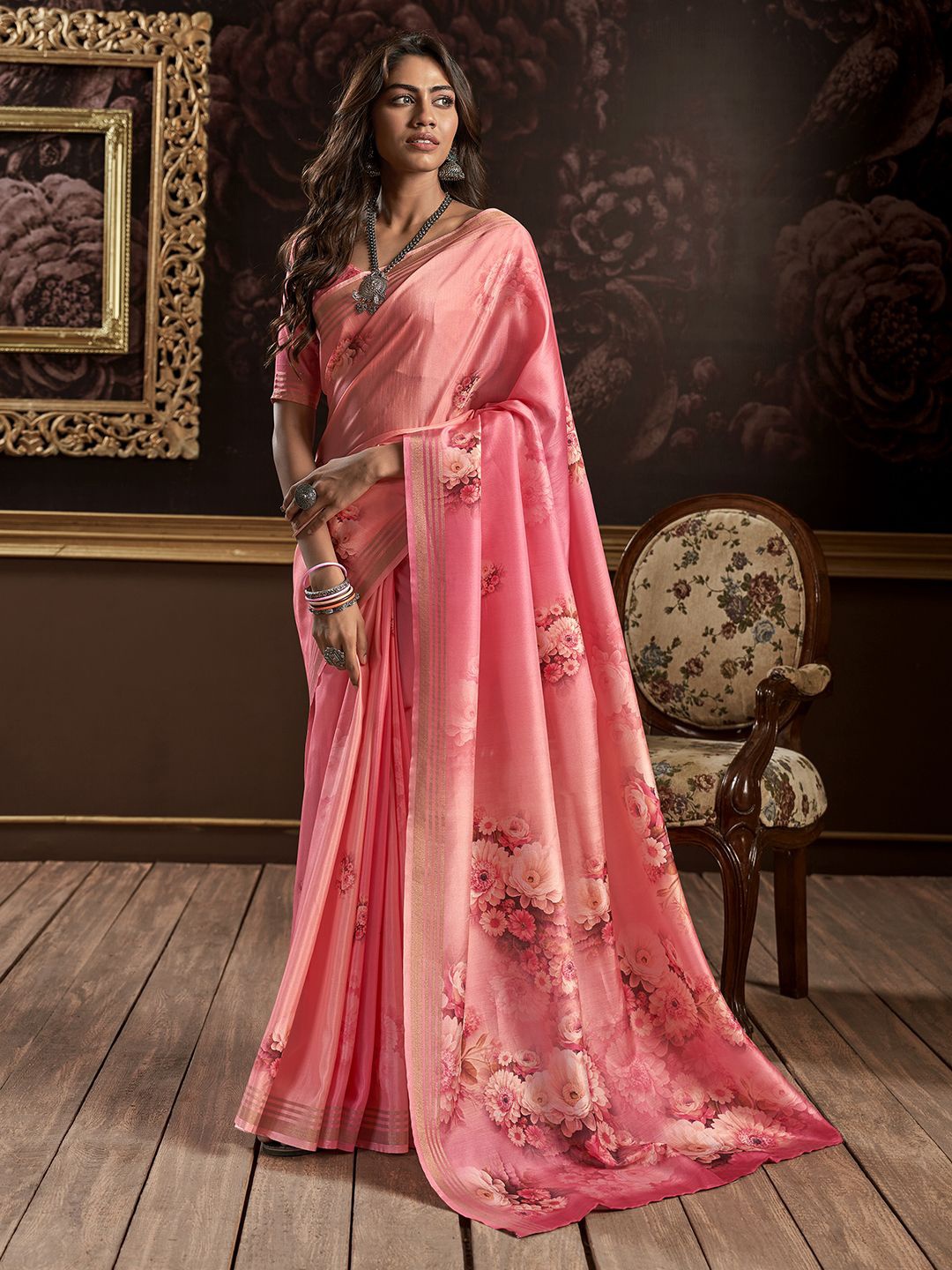 

Mitera Floral Zari Saree, Peach