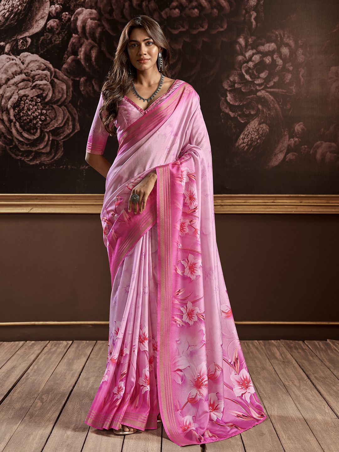 

Mitera Zari Woven Floral Saree, Pink