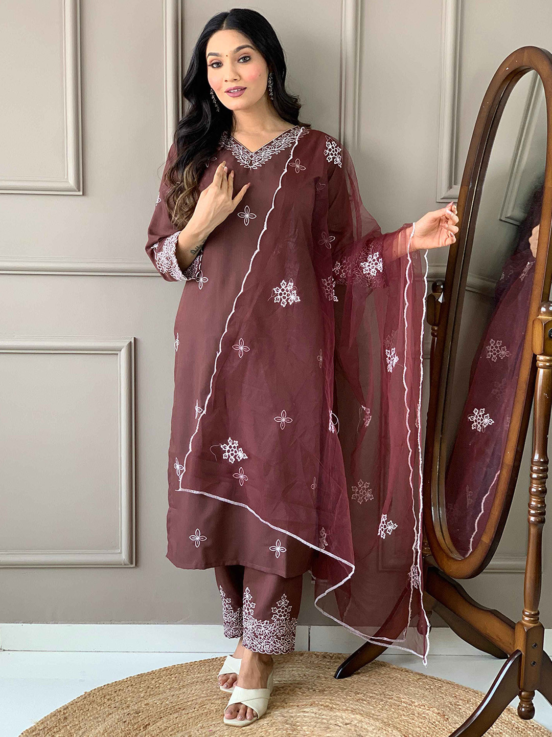 

KALINI Floral Printed Straight Kurta With Trousers & Dupatta, Brown